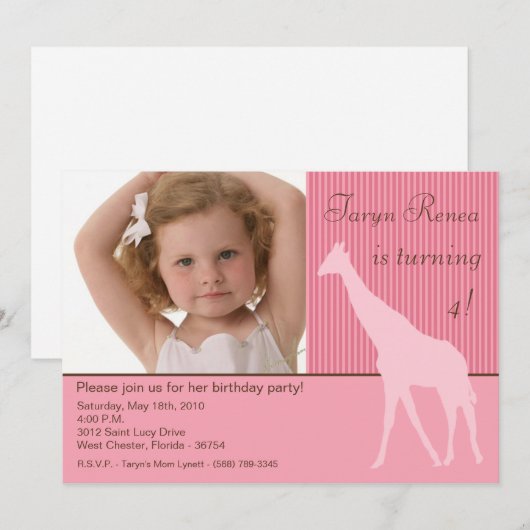 5 x 7 Roze Giraffe Foto van Birthday Party Invitat Kaart (Voorkant / Achterkant)