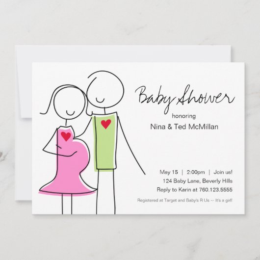 5 x 7 Roze & Groene Code Baby Shower Invitaties Kaart (Voorkant)