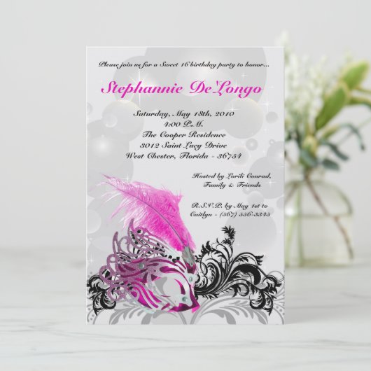 5 x 7 Roze Masquerade Sweet 16 Birthday Uitnodigin Kaart (Staand voorkant)