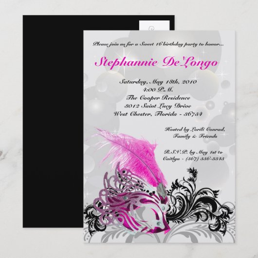 5 x 7 Roze Masquerade Sweet 16 Birthday Uitnodigin Kaart (Voorkant / Achterkant)