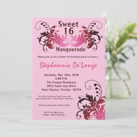 5 x 7 Roze Masquerade Sweet 16 Birthday Uitnodigin Kaart (Staand voorkant)