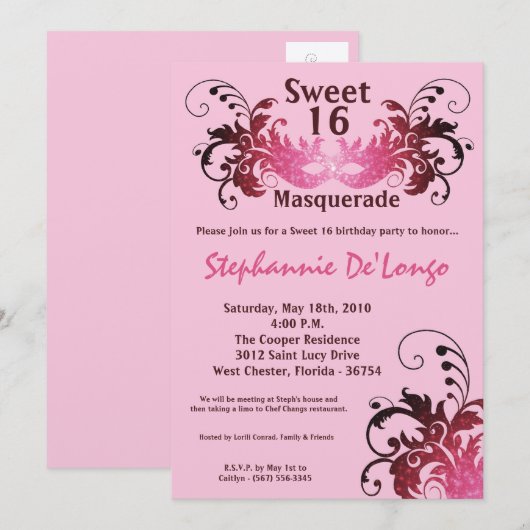5 x 7 Roze Masquerade Sweet 16 Birthday Uitnodigin Kaart (Voorkant / Achterkant)