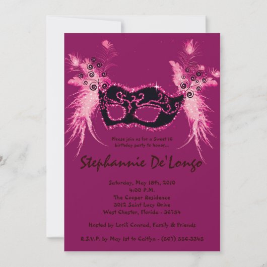 5 x 7 Roze Masquerade Sweet 16 Birthday Uitnodigin Kaart (Voorkant)