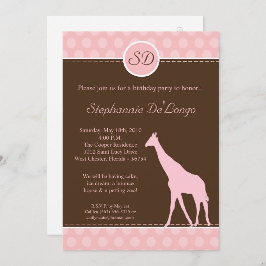 5 x 7 Roze polaire dot Giraffe Birthday Par Uitnod Kaart (Voorkant / Achterkant)