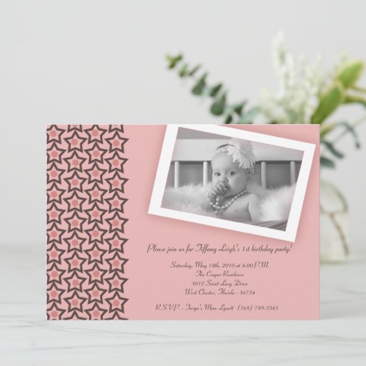 5 x 7 Roze Star Photo Birthday Party Invitation Kaart (Staand voorkant)