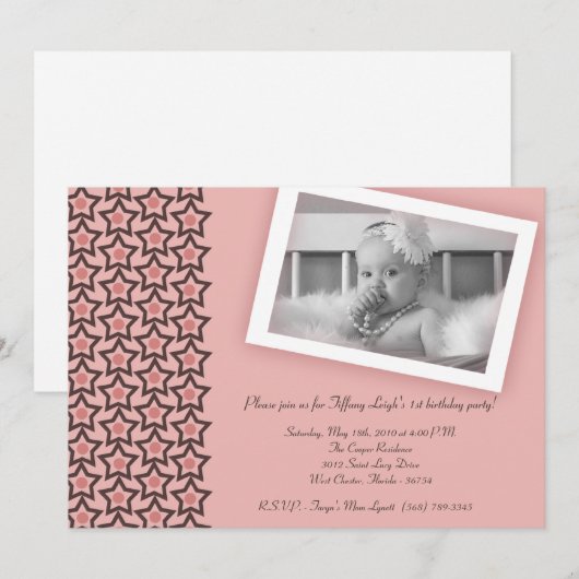 5 x 7 Roze Star Photo Birthday Party Invitation Kaart (Voorkant / Achterkant)