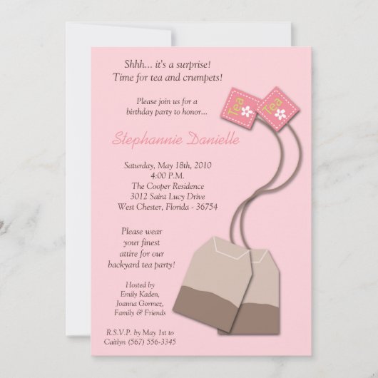 5 x 7 Roze Tea Bag Tea Party Birthday Invitation Kaart (Voorkant)
