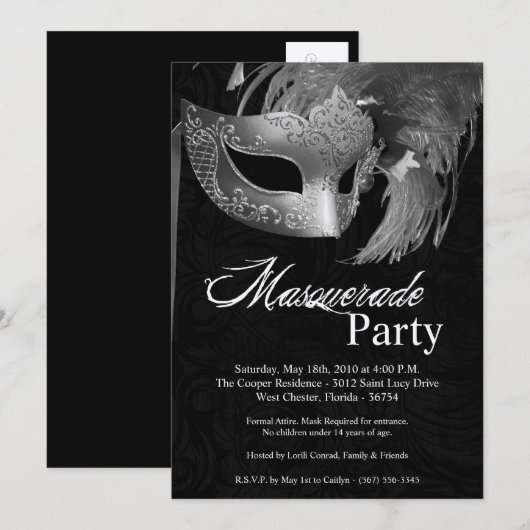5 x 7 Silver Masquerade Sweet 16 Birthday Uitnodig Kaart (Voorkant / Achterkant)
