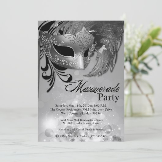 5 x 7 Silver Masquerade Sweet 16 Birthday Uitnodig Kaart (Staand voorkant)