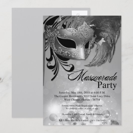 5 x 7 Silver Masquerade Sweet 16 Birthday Uitnodig Kaart (Voorkant / Achterkant)