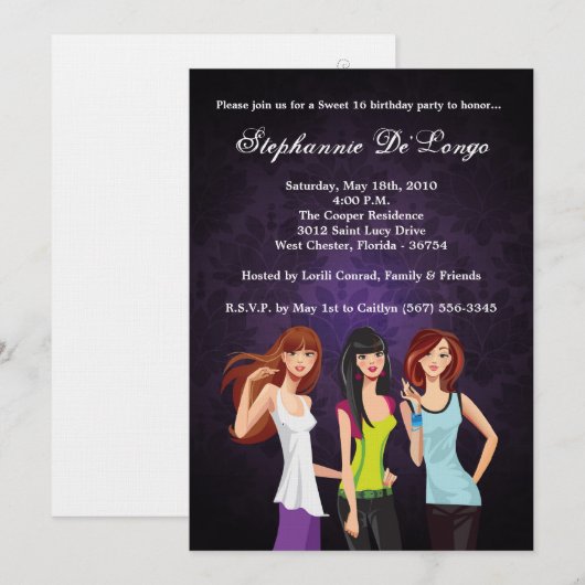 5 x 7 Tieners Teen Sweet 16 Birthday Invitation Kaart (Voorkant / Achterkant)