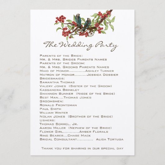 5 x 7  Tortelduifjes Tea Stain Wedding Programme Programmakaart (Achterkant)