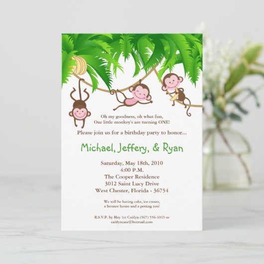 5 x 7 TRIPLET Monkey Jungl Birthday Party nodigt u Kaart (Staand voorkant)