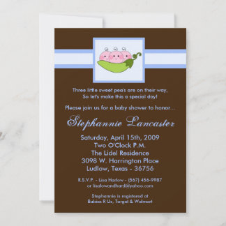 5 x 7 TRIPLET SweetPea in Pod Baby shower Invitati Kaart