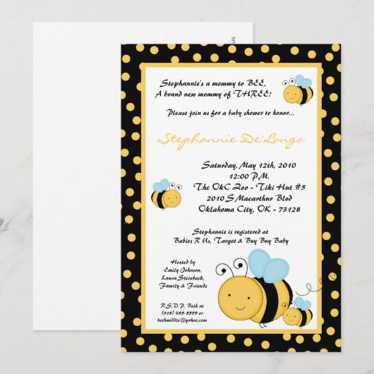 5 x 7 TRIPLETHoney Bumble Bee Baby shower Invitati Kaart (Voorkant / Achterkant)