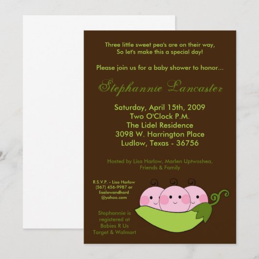 5 x 7 TRIPLETS-Baby shower met zoete peul Kaart (Voorkant / Achterkant)