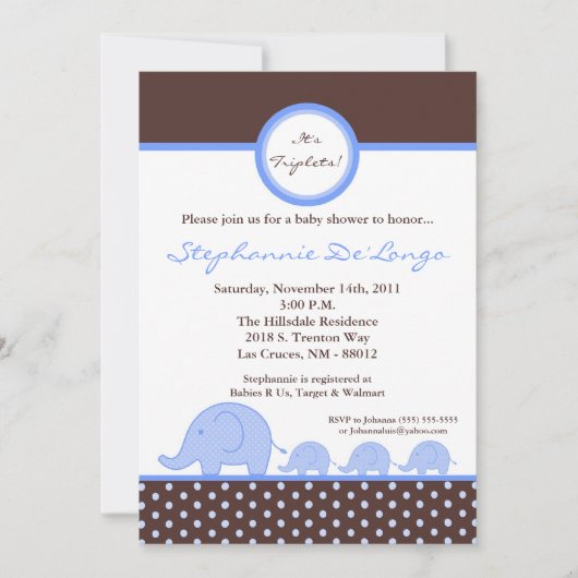 5 x 7 TRIPLETS MOD Elephant Baby shower Invitation Kaart (Voorkant)
