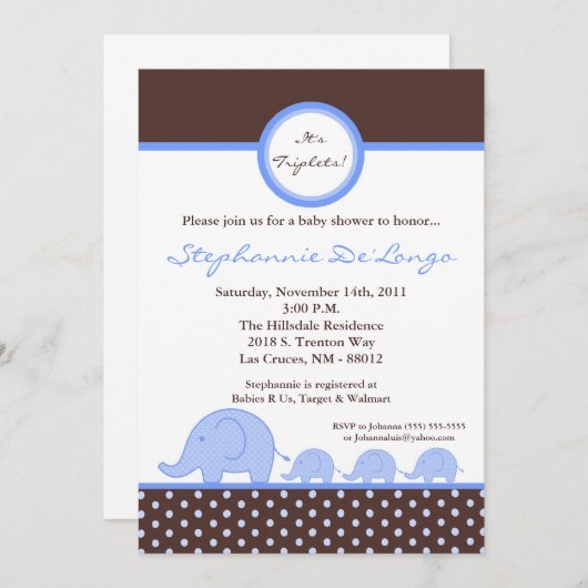 5 x 7 TRIPLETS MOD Elephant Baby shower Invitation Kaart (Voorkant / Achterkant)