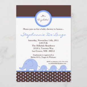 5 x 7 TRIPLETS MOD Elephant Baby shower Invitation Kaart