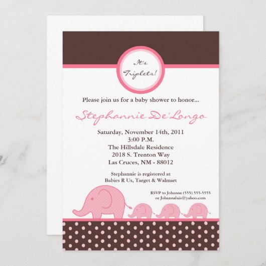 5 x 7 TRIPLETS MOD Elephant Baby shower Invitation Kaart (Voorkant / Achterkant)
