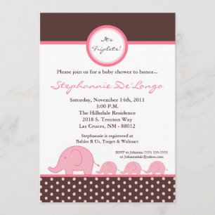 5 x 7 TRIPLETS MOD Elephant Baby shower Invitation Kaart