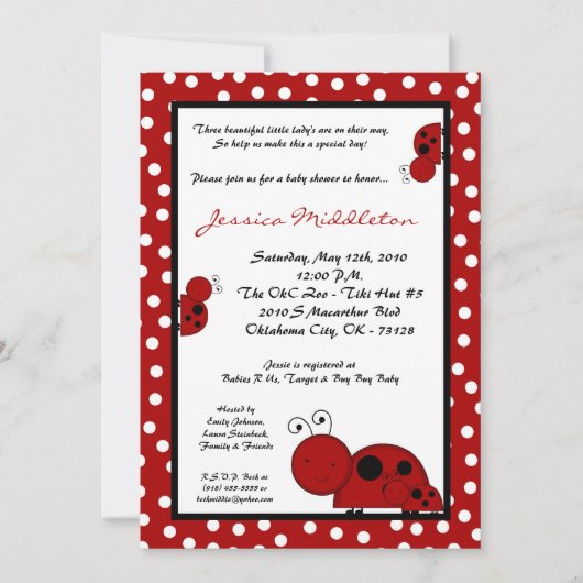 5 x 7 TRIPLETS Red Lady Bug Baby shower Invitation Kaart (Voorkant)