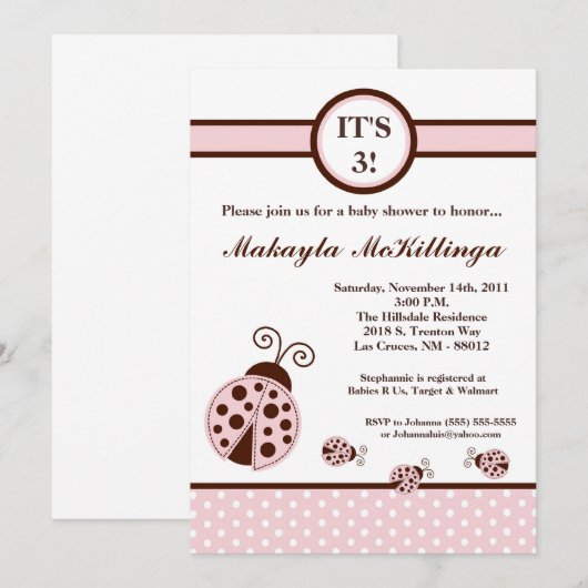 5 x 7 TRIPLETS Roze dame Bug Baby shower Uitnodigi Kaart (Voorkant / Achterkant)