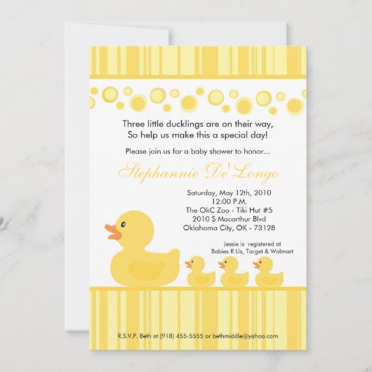 5 x 7 TRIPLETS Rubber Duck Baby shower Invitation Kaart (Voorkant)