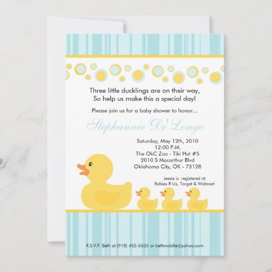 5 x 7 TRIPLETS Rubber Duck Baby shower Invitation Kaart (Voorkant)