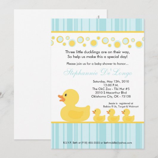 5 x 7 TRIPLETS Rubber Duck Baby shower Invitation Kaart (Voorkant / Achterkant)