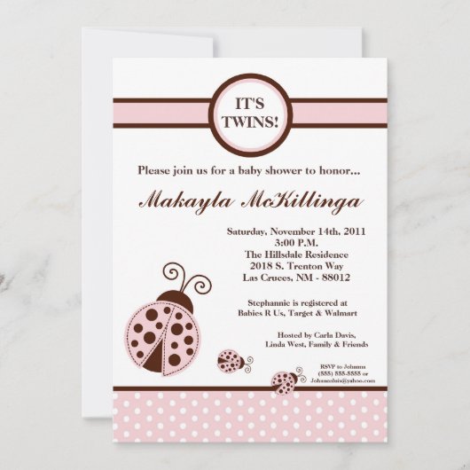 5 x 7 TWINS Roze Lady Bug Baby shower Uitnodiging (Voorkant)