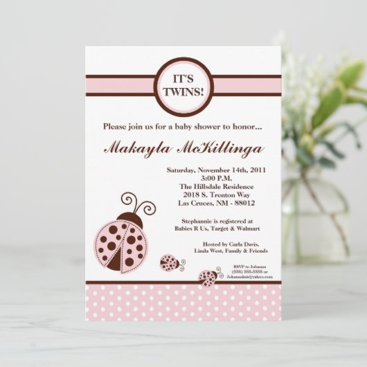 5 x 7 TWINS Roze Lady Bug Baby shower Uitnodiging (Staand voorkant)