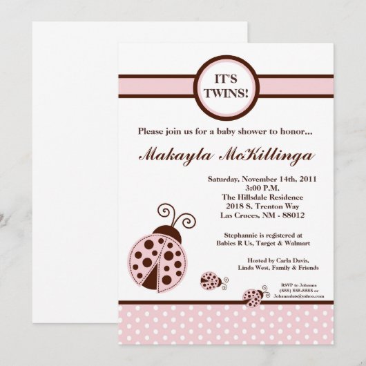 5 x 7 TWINS Roze Lady Bug Baby shower Uitnodiging (Voorkant / Achterkant)