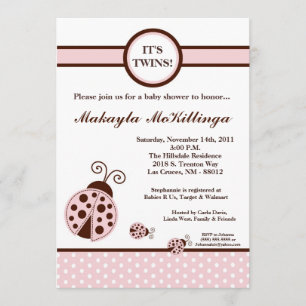5 x 7 TWINS Roze Lady Bug Baby shower Uitnodiging