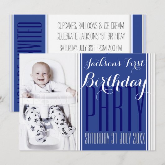 5 x 7 V Foto Baby Boy Birthday Party Invitation Kaart (Voorkant / Achterkant)