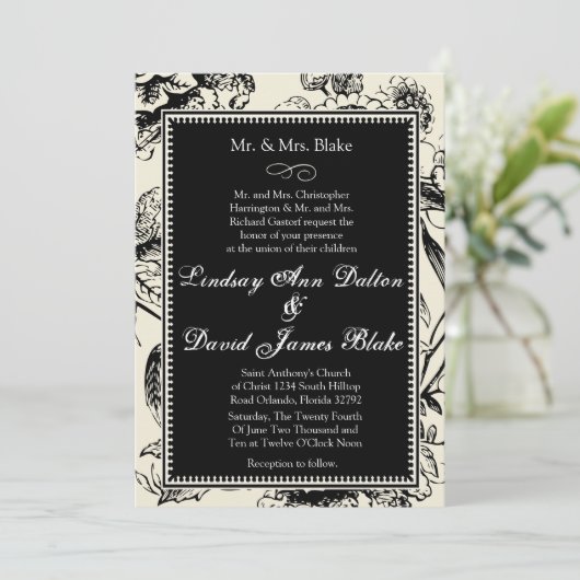 5 x 7 Weddenschap Black & White Floral Toile Kaart (Staand voorkant)