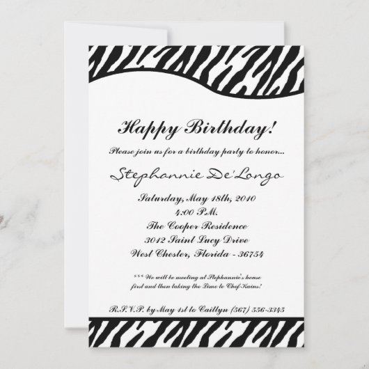 5 x 7 White & Black Zebra Birthday Party Invitatio Kaart (Voorkant)