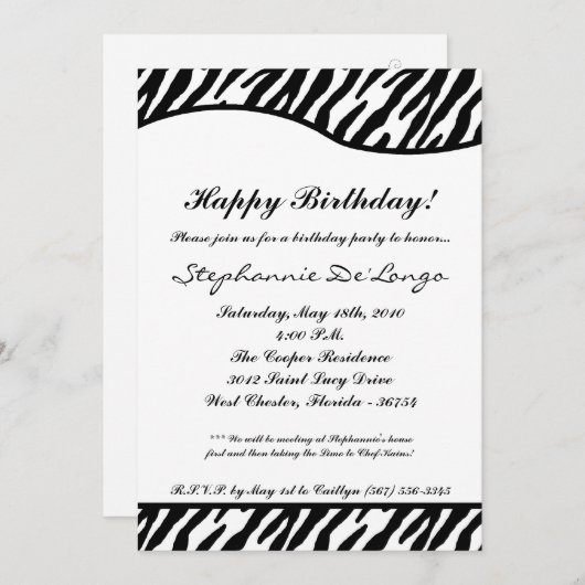 5 x 7 White & Black Zebra Birthday Party Invitatio Kaart (Voorkant / Achterkant)