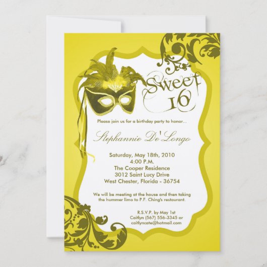 5 x 7 Yellow Masquerade Masker 16 Birthday Uitnodi Kaart (Voorkant)
