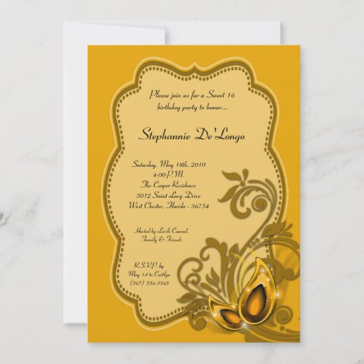 5 x 7 Yellow Masquerade Sweet 16 Birthday Invitati Kaart (Voorkant)