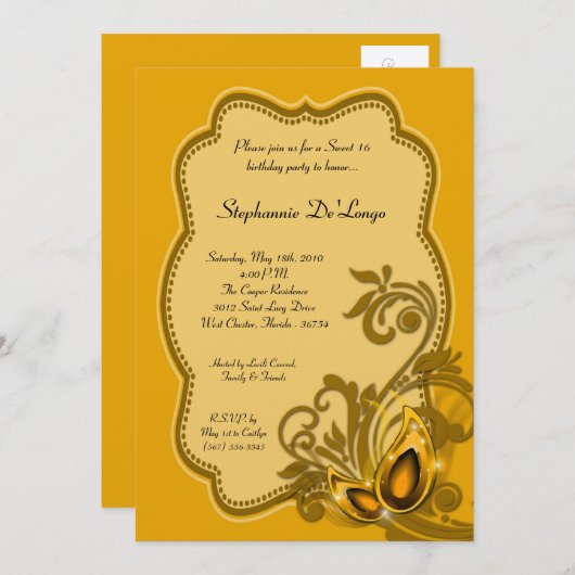 5 x 7 Yellow Masquerade Sweet 16 Birthday Invitati Kaart (Voorkant / Achterkant)