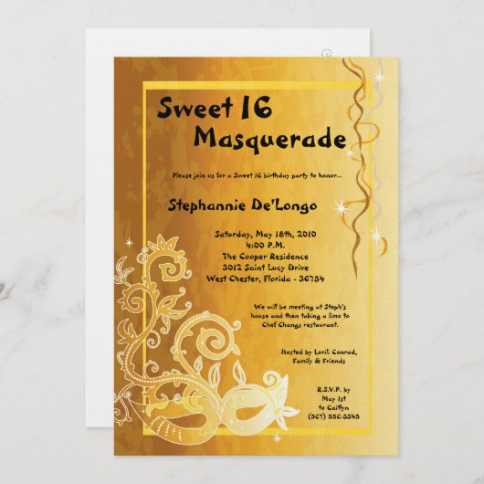 5 x 7 Yellow Masquerade Sweet 16 Birthday Invitati Kaart (Voorkant / Achterkant)