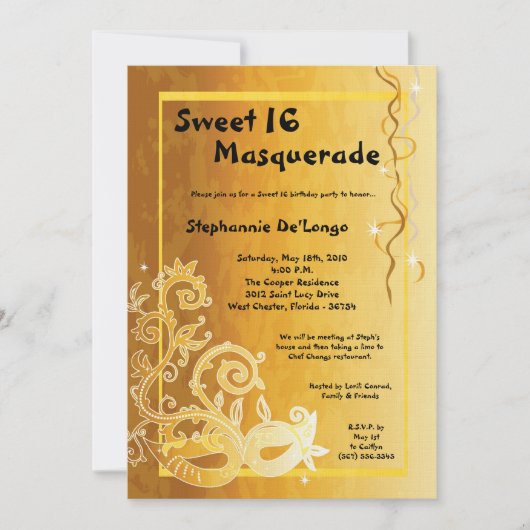 5 x 7 Yellow Masquerade Sweet 16 Birthday Invitati Kaart (Voorkant)