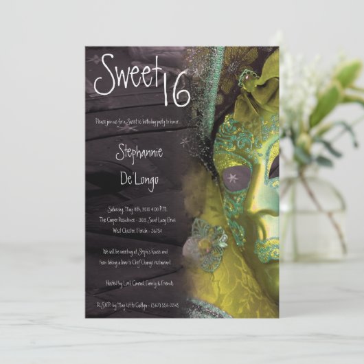 5 x 7 Yellow Masquerade Sweet 16 Birthday Invitati Kaart (Staand voorkant)