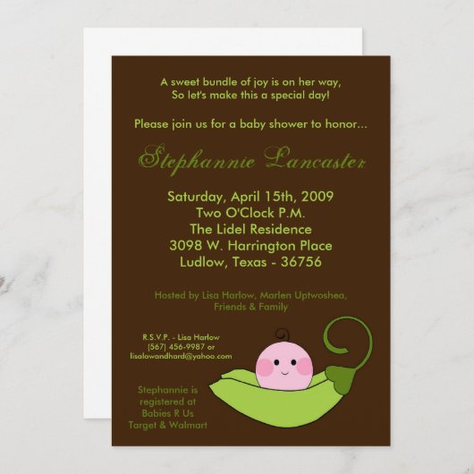 5 x 7 Zoete peul in een uitnodiging voor een Baby  (Voorkant / Achterkant)