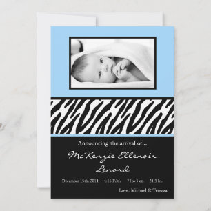 5 x 7 zwarte Ligh Blue Zebra PHOTO geboorteaankond Aankondiging