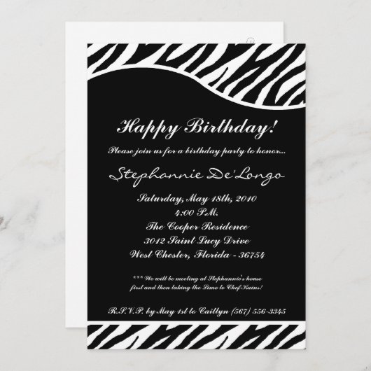 5 x 7 zwarte zebra Print Birthday party nodiging Kaart (Voorkant / Achterkant)
