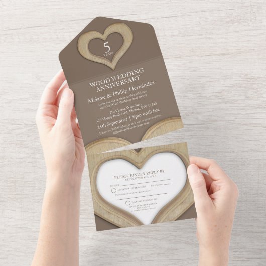 5de huwelijksdag bruin all in one uitnodiging (Afscheurbaar)