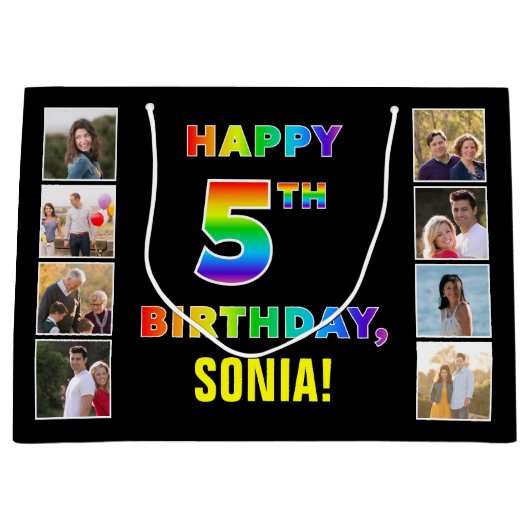 5de verjaardag: Regenboogtekst, Aangepaste foto's Groot Cadeauzakje (Voorkant)