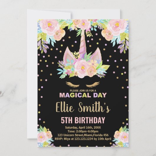 5e Bloemen Zwarte Eenhoorn Verjaardag Uitnodiginge Kaart (Voorkant)